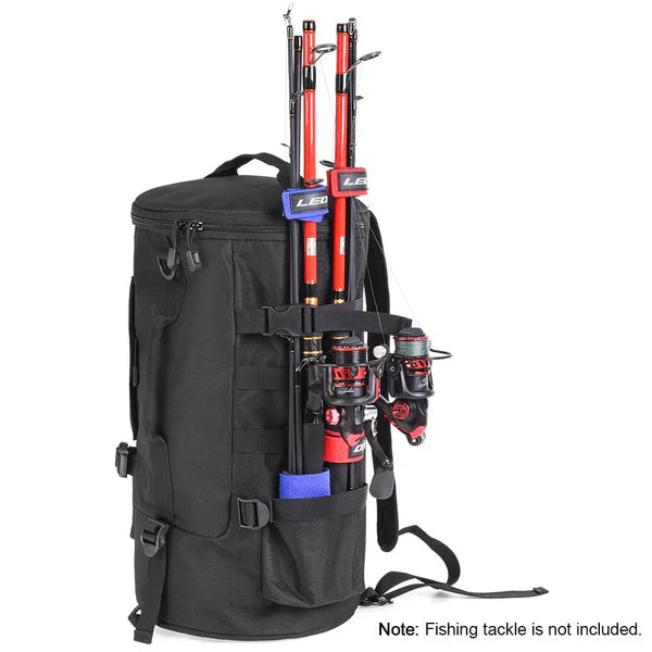 Fishing backpack with organizer and rod holder