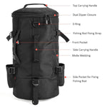 Fishing backpack with organizer and rod holder