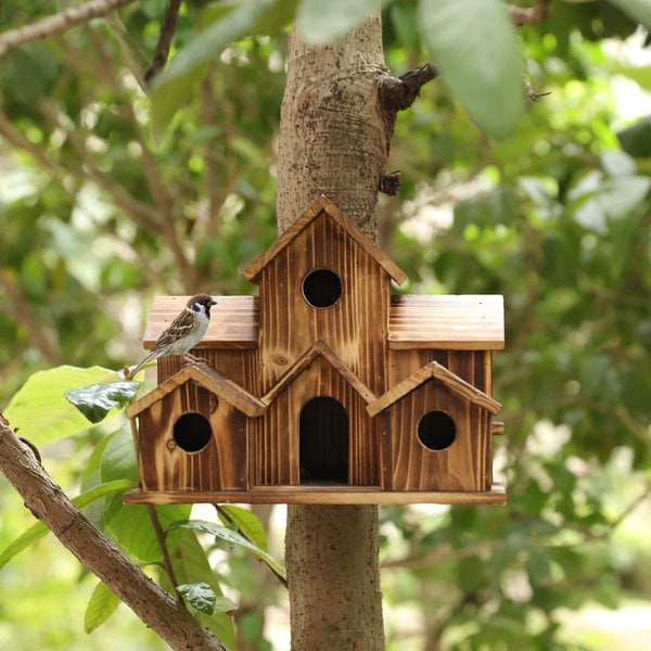 Handcrafted Wooden Birdhouse with 6 Holes