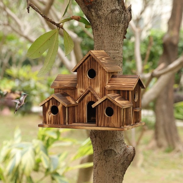 Handcrafted Wooden Birdhouse with 6 Holes