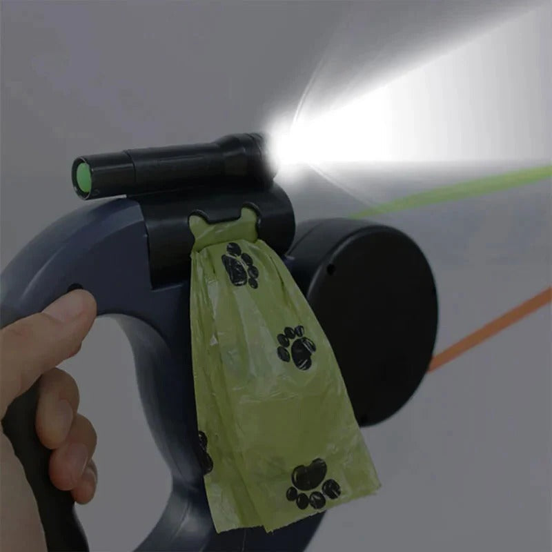 Dual Dog Leash with Flashlight and Waste Bag