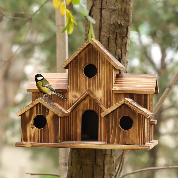 Handcrafted Wooden Birdhouse with 6 Holes