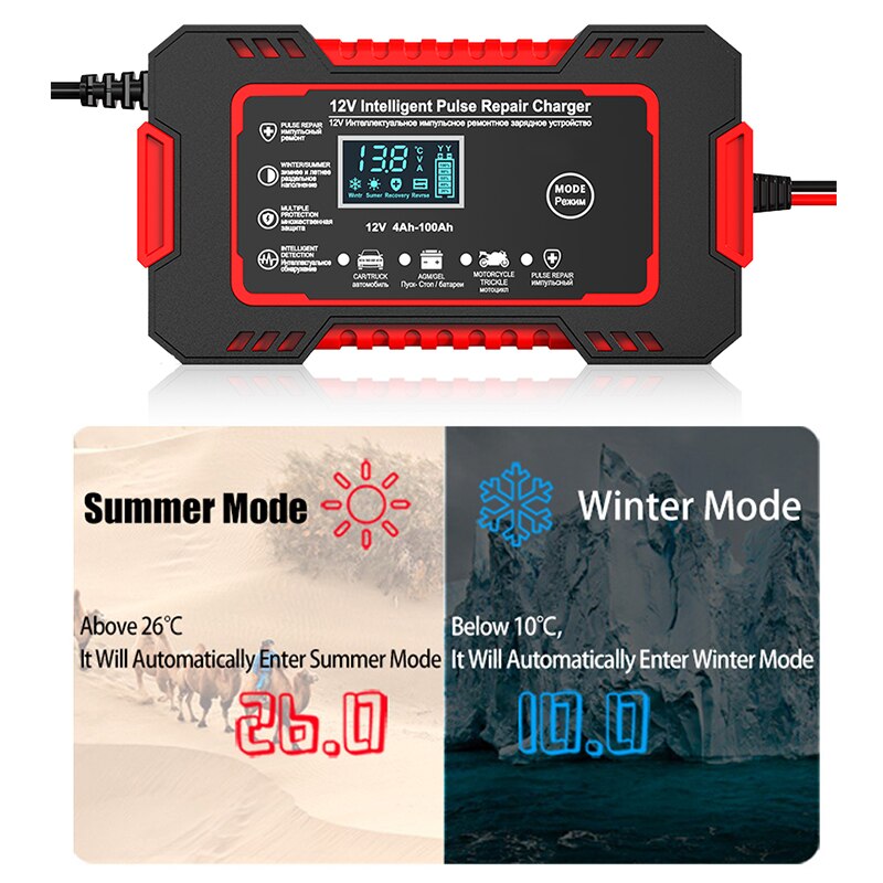 12V 6A Car Battery Charger with Pulse Repair, LCD