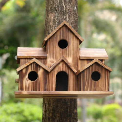 Handcrafted Wooden Birdhouse with 6 Holes