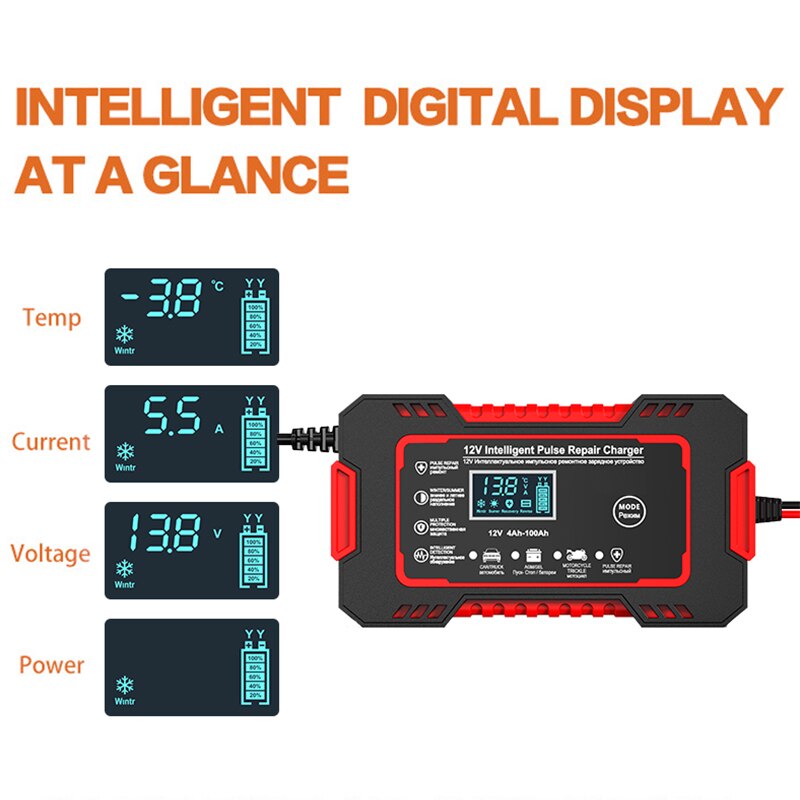 12V 6A Car Battery Charger with Pulse Repair, LCD