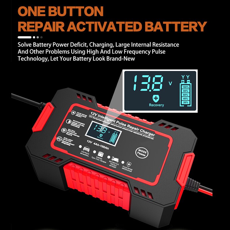 12V 6A Car Battery Charger with Pulse Repair, LCD