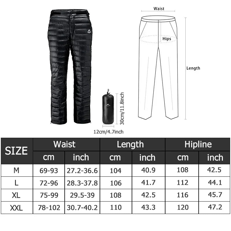 Goose Down Thermal Pants for Camping, Hiking, Skiing
