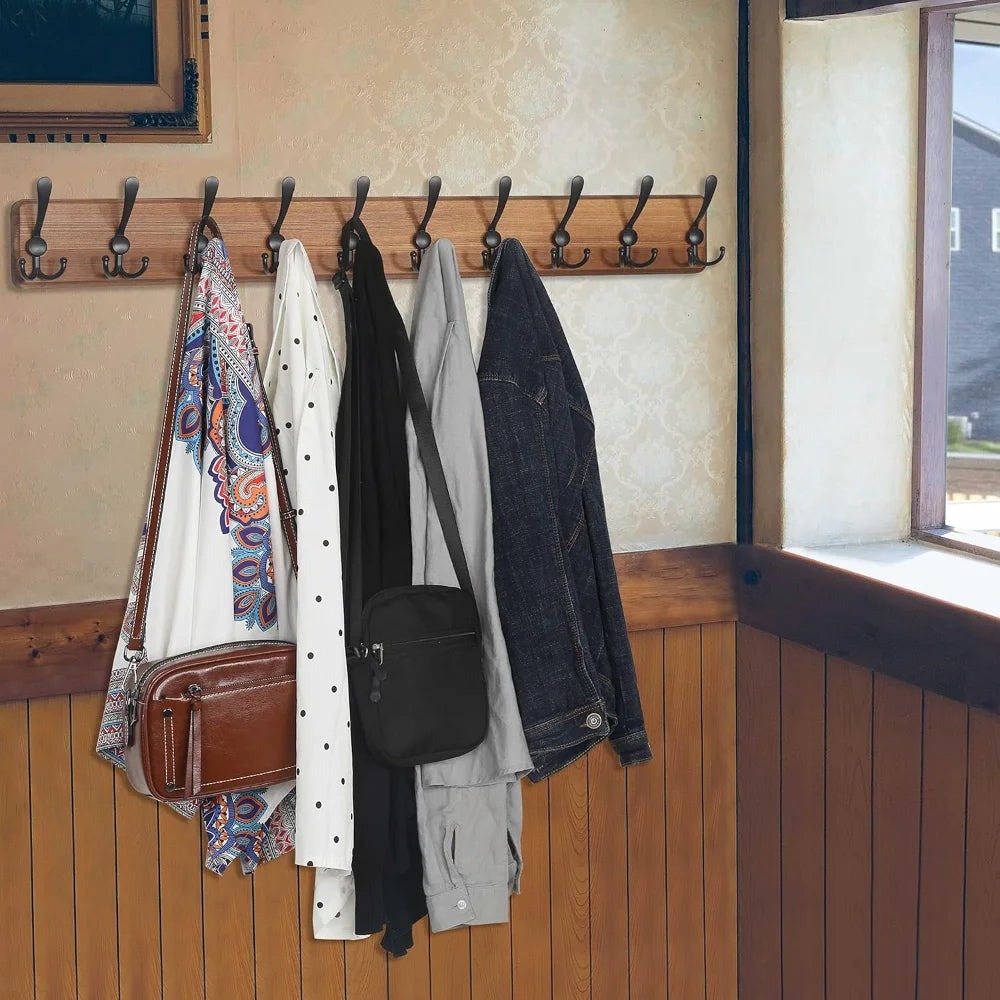 10-Hook Wooden Wall-Mounted Coat Rack