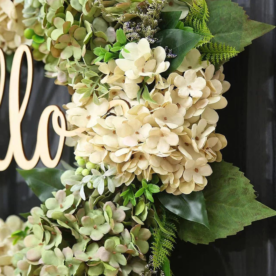 Green hydrangea crown with "Hello" sign