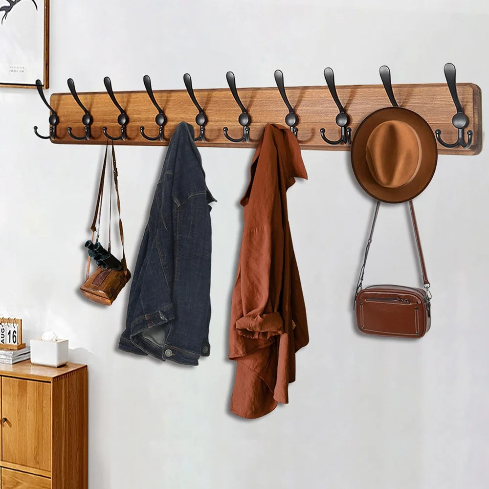 10-Hook Wooden Wall-Mounted Coat Rack
