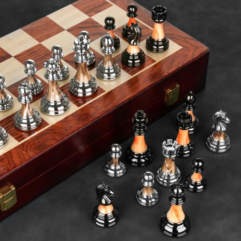 45cm Wooden Chess Board with Luxury Metal Pieces