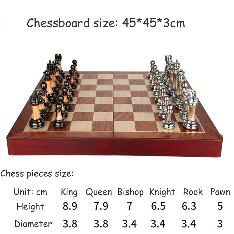 45cm Wooden Chess Board with Luxury Metal Pieces