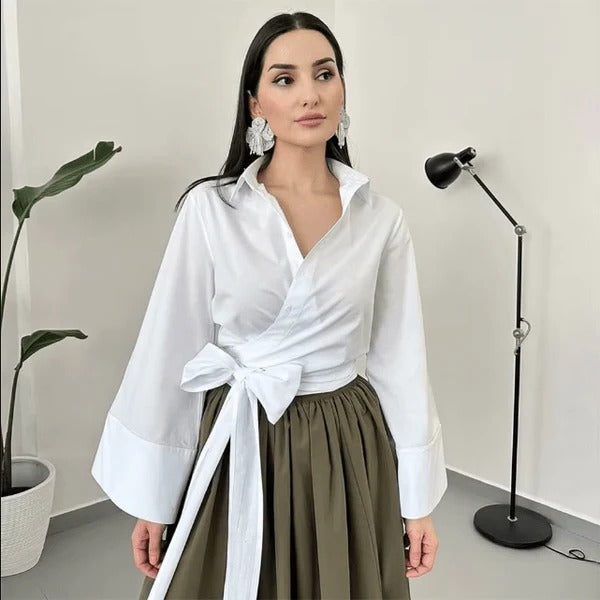 Blouse with Wide Bow Belt