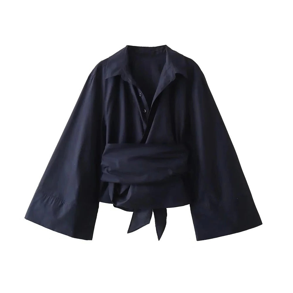 Blouse with Wide Bow Belt