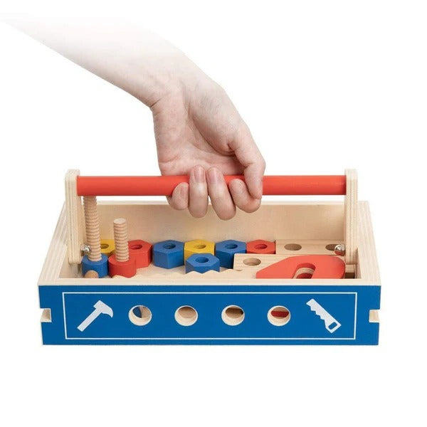Realistic toy workbench with tools for children