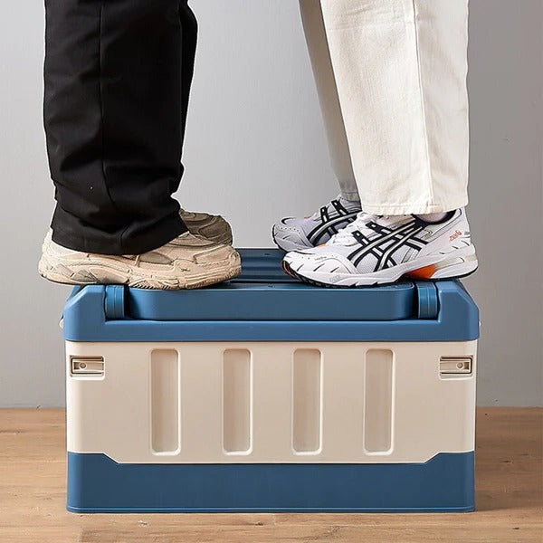 Foldable storage bin with seat for indoor/outdoor use