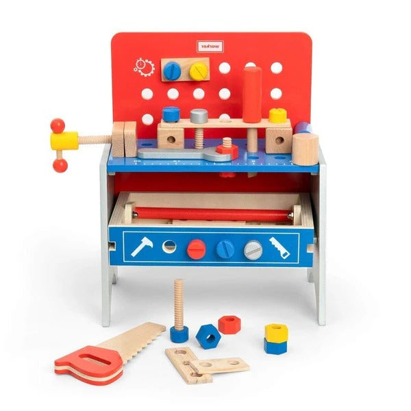 Realistic toy workbench with tools for children