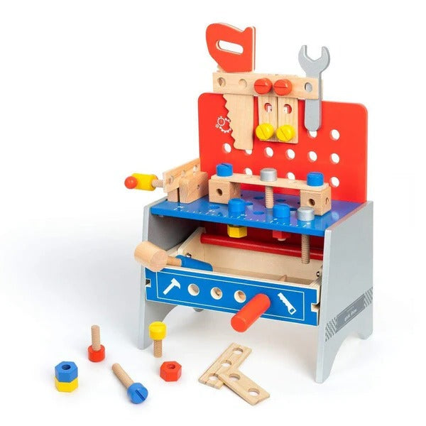 Realistic toy workbench with tools for children