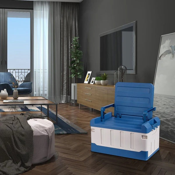 Foldable storage bin with seat for indoor/outdoor use