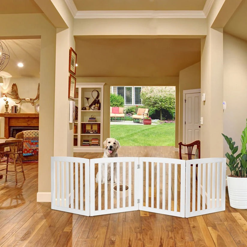 Retractable wooden safety barrier for indoor dog
