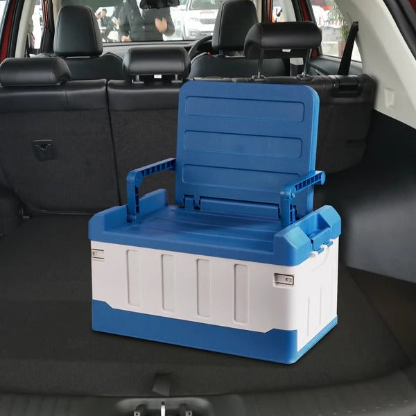Foldable storage bin with seat for indoor/outdoor use