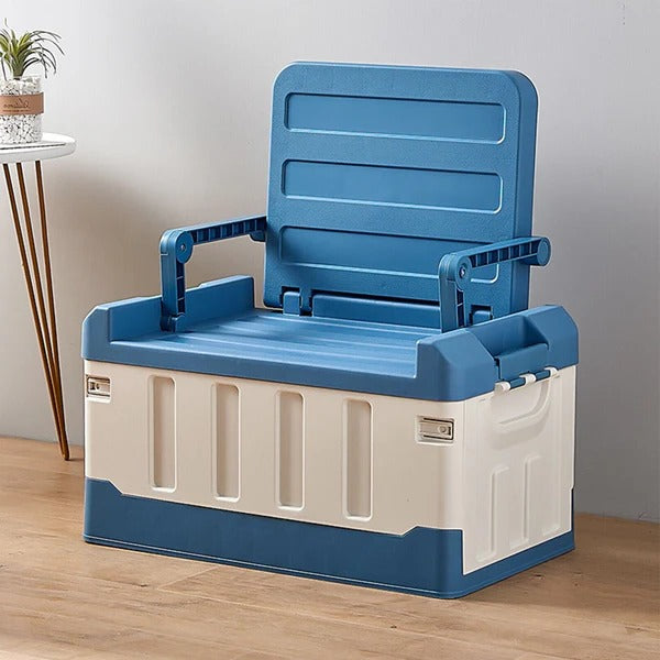 Foldable storage bin with seat for indoor/outdoor use