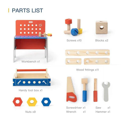 Realistic toy workbench with tools for children